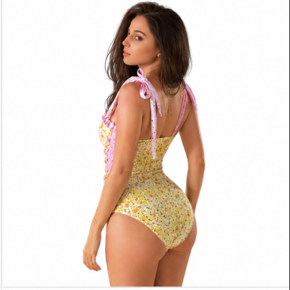Hot-selling one-piece swimsuit for women, sexy open-back bikini swimwear with fresh floral print and spaghetti straps
