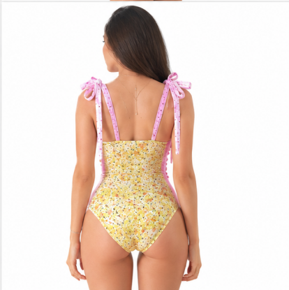 Hot-selling one-piece swimsuit for women, sexy open-back bikini swimwear with fresh floral print and spaghetti straps