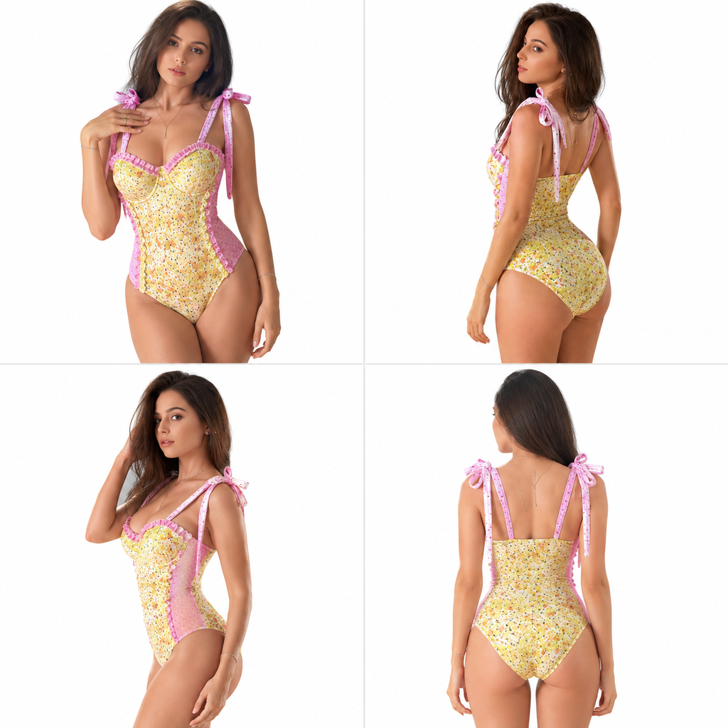 Hot-selling one-piece swimsuit for women, sexy open-back bikini swimwear with fresh floral print and spaghetti straps