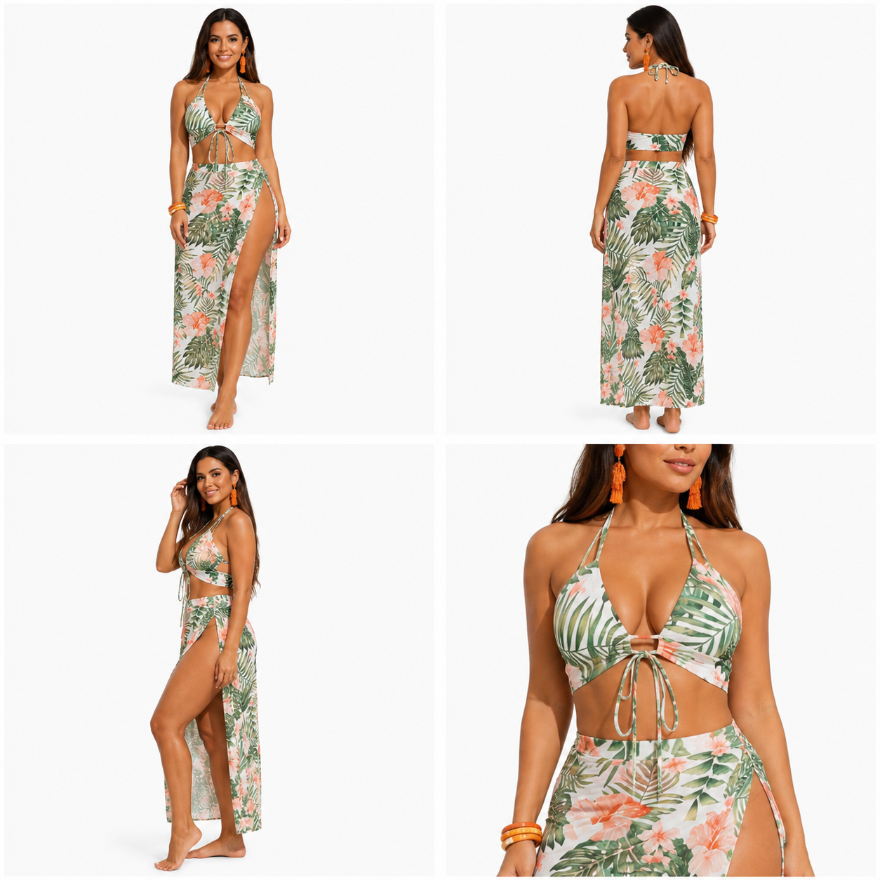 Three-piece beach dress set, printed sexy split swimsuit with bikini and skirt, plus size swimwear for women