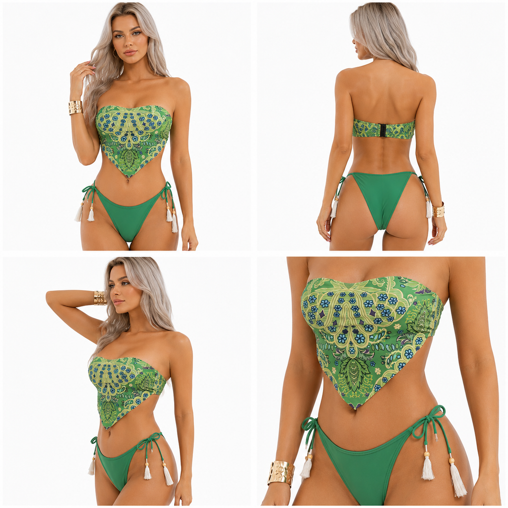 New Arrival Strapless Bandeau Bikini, Printed Sexy Split Swimsuit in Apron Style for Women