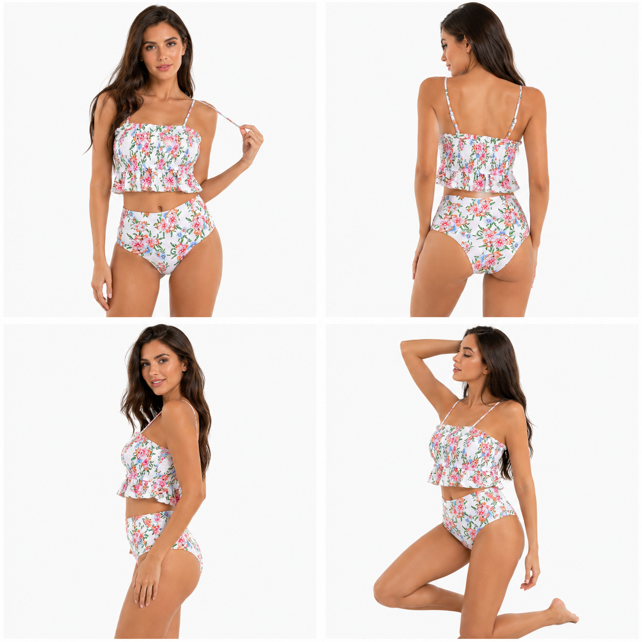 New Women's Split Swimsuit, Backless Floral Ruffled Bandeau Bikini