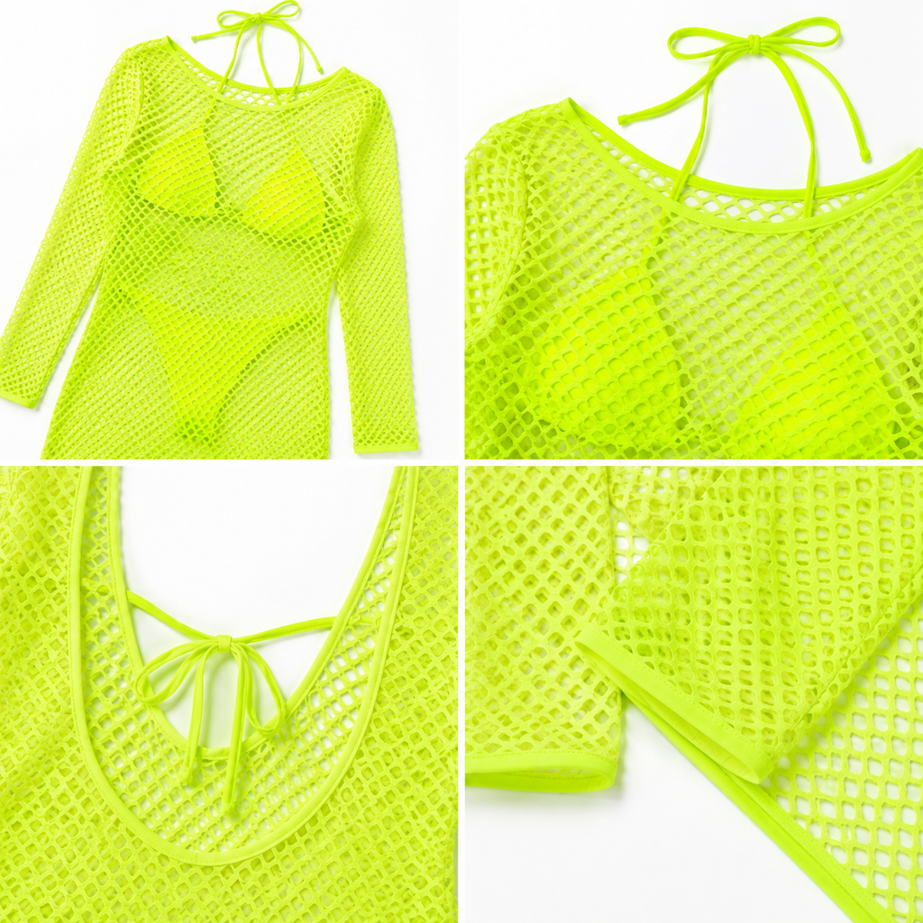 Women's fluorescent green mesh long-sleeve cover-up skirt bikini three-piece backless vacation swimsuit set
