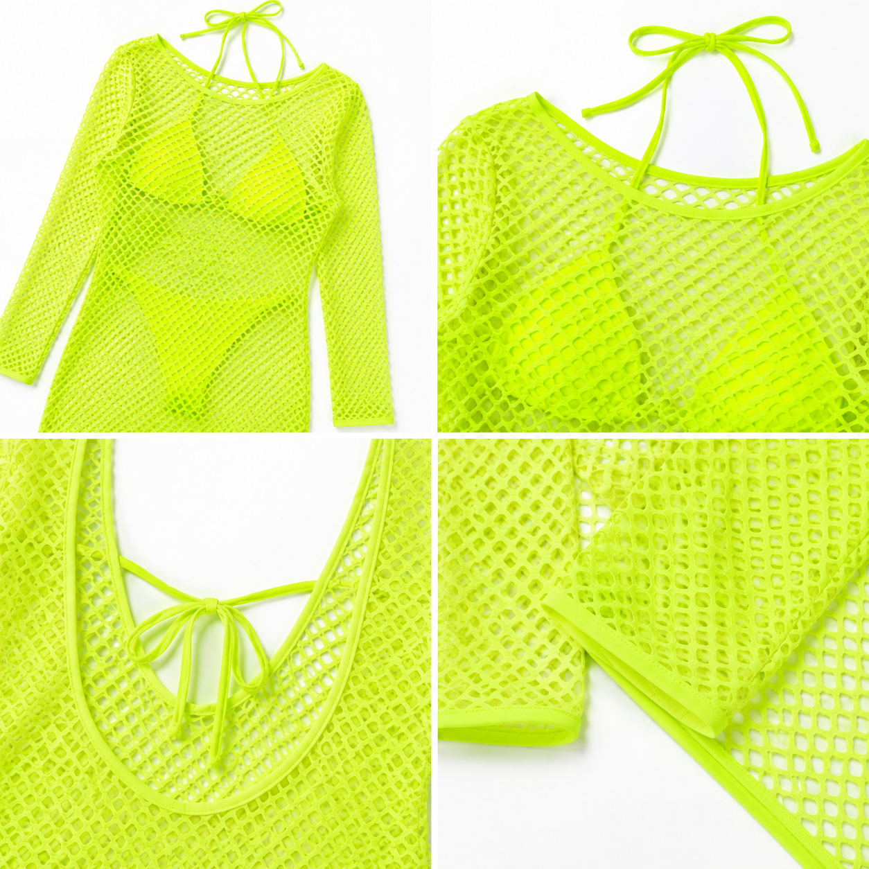 Women's fluorescent green mesh long-sleeve cover-up skirt bikini three-piece backless vacation swimsuit set
