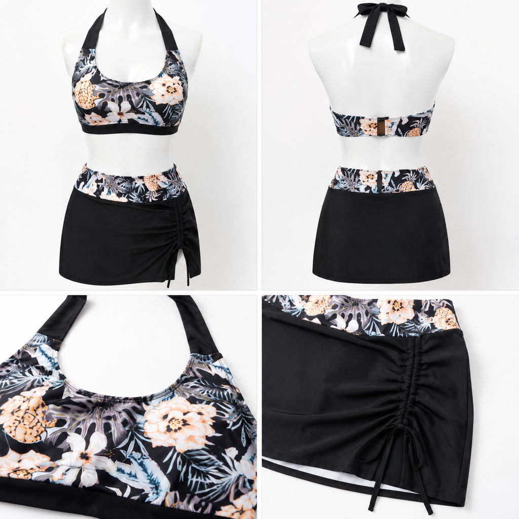 New Printed Sexy Three-Piece Bikini, Women's Split Swimsuit with High-Waisted Slit Swim Skirt