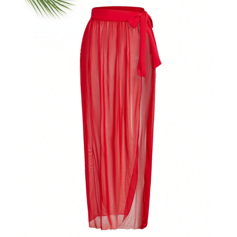 Three-piece swimsuit set with popular sexy sheer mesh slit long beach dress