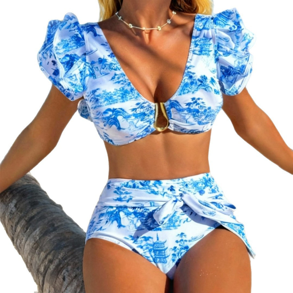 Women's High-Waisted Ruffled V-Neck Two-Piece Swimsuit, Sexy & Tummy-Control Swimwear