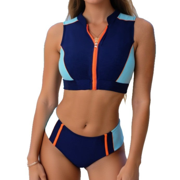 Color-blocked zip-up high-waisted two-piece swimsuit, stylish sporty swimwear for women, ideal for beach holidays and swimming
