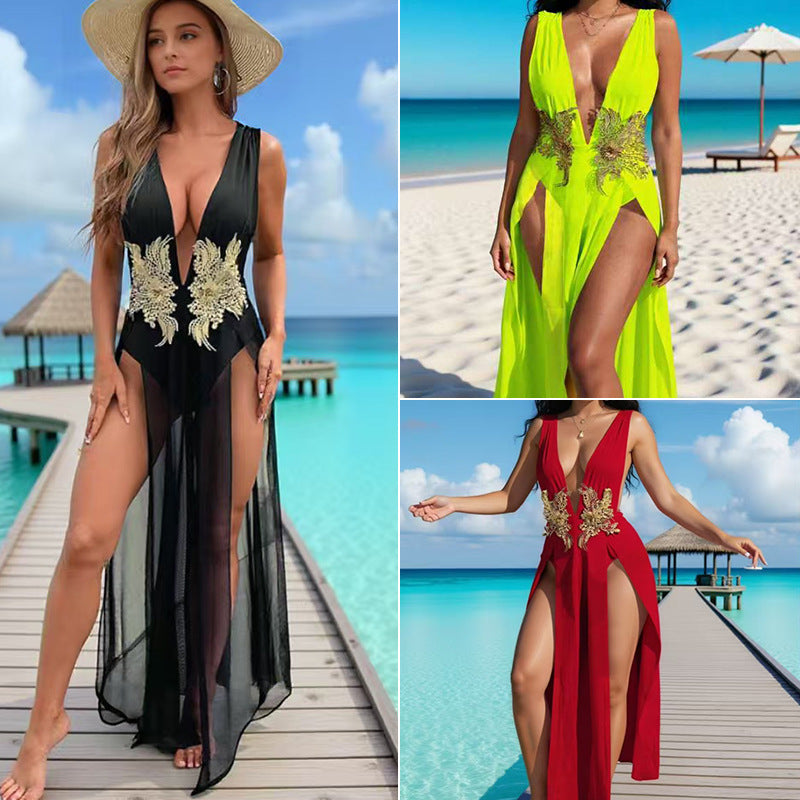 New Arrival Hot Style Sexy Beach Dress, Mesh Embroidered Deep V-Neck High-Split Dress for Seaside Vacation