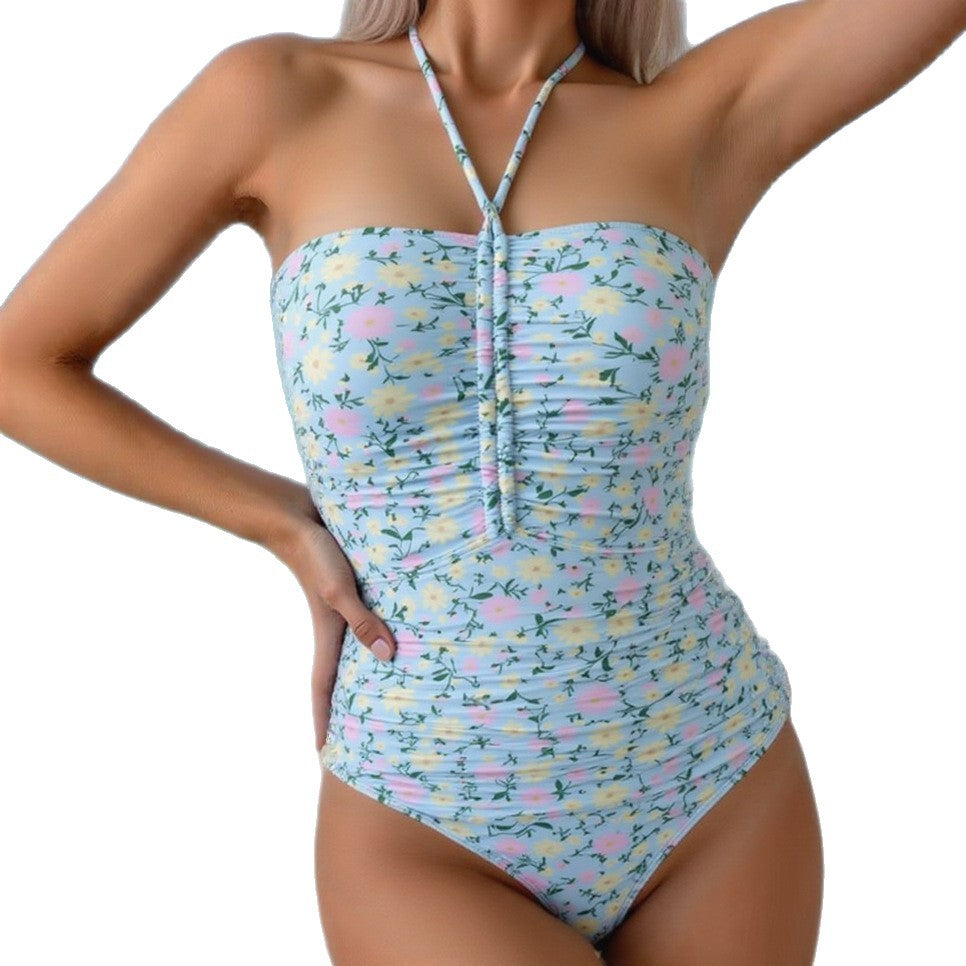 Women's Sexy Halter Backless Floral Bandeau One-Piece Swimsuit for Cross-Border Sales