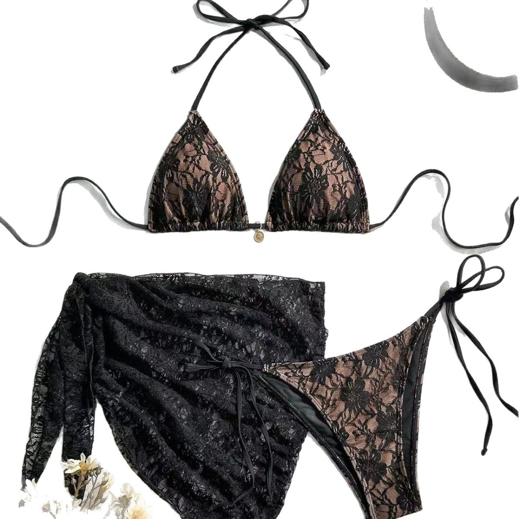 New arrival black sexy lace French printed tie-strap bikini