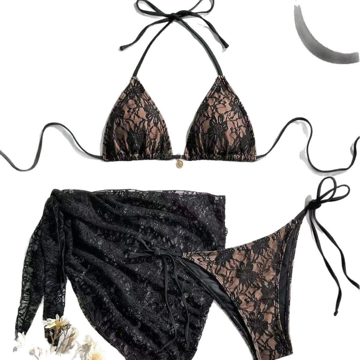 New arrival black sexy lace French printed tie-strap bikini