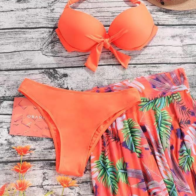 New Printed Beach Dress, Sexy Bikini, Women's Three-Piece Split Swimsuit Set