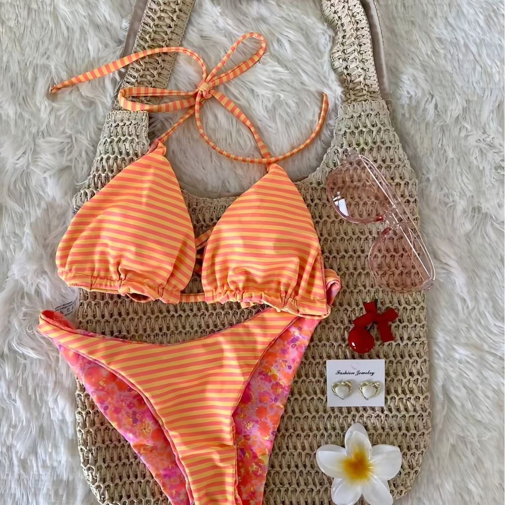 New Arrival Sexy Printed Reversible Women's Split Bikini Swimsuit Set