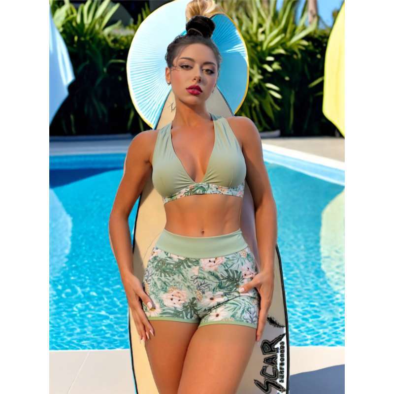 Women's Halter High-Waisted Split Swimsuit, Floral Print Mint Green Bikini for Beach Vacations