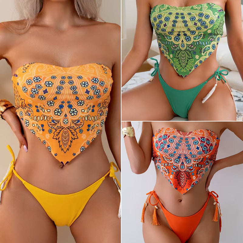 New Arrival Strapless Bandeau Bikini, Printed Sexy Split Swimsuit in Apron Style for Women