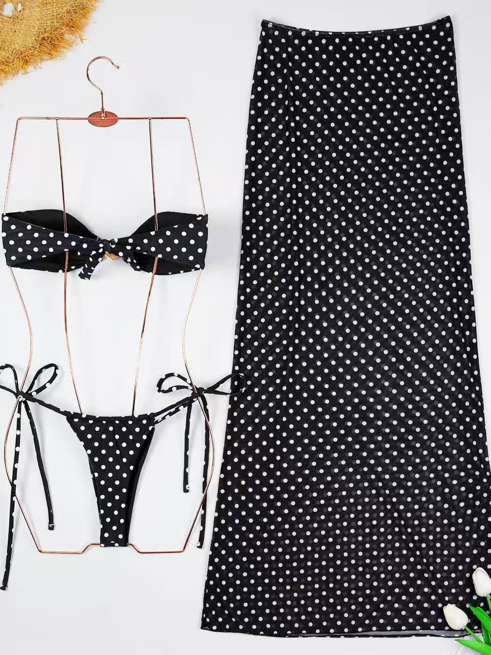 New Arrival Black Polka Dot Shell Metal Buckle Strapless Three-Piece Bikini Swimsuit Set for Vacation and Hot Spring