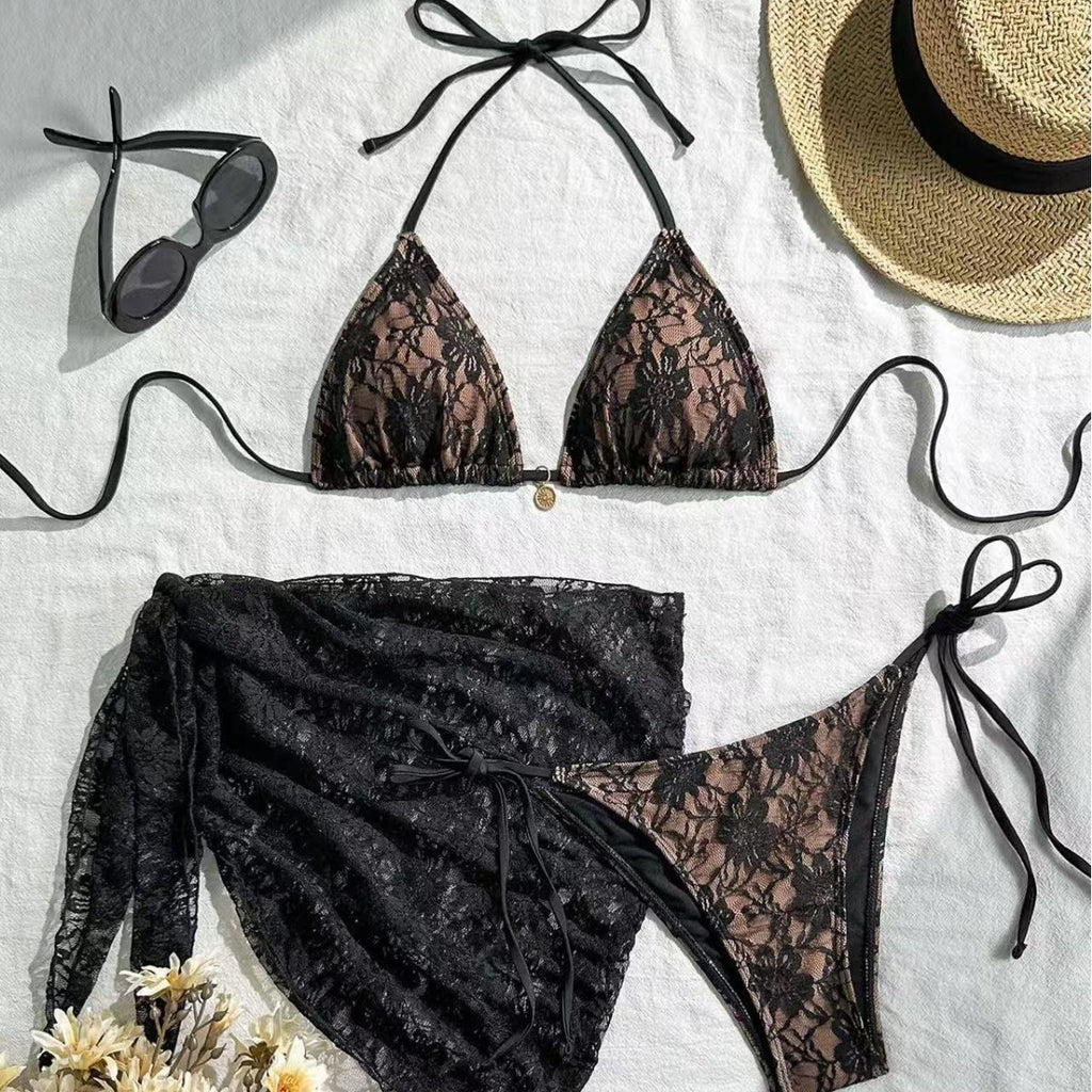New arrival black sexy lace French printed tie-strap bikini
