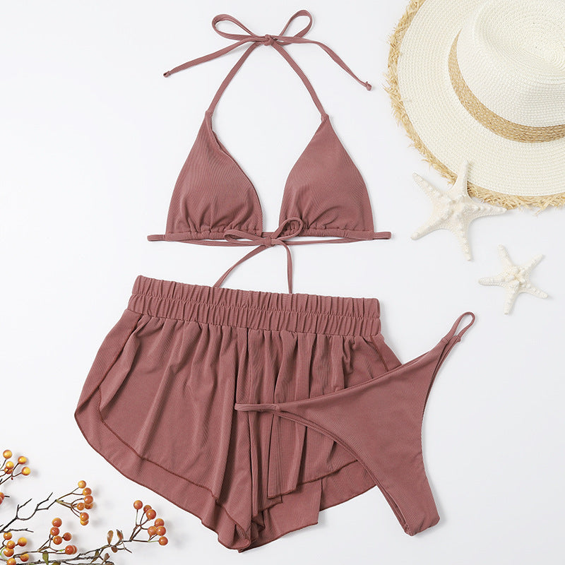 Three-piece solid color separate women's swimsuit set, bikini swimsuit with padded cups