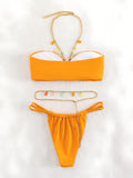 New Arrival Sexy Bandeau Bikini for Women, Solid Color Swimwear with Metal Neck Strap