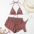 Three-piece solid color separate women's swimsuit set, bikini swimsuit with padded cups