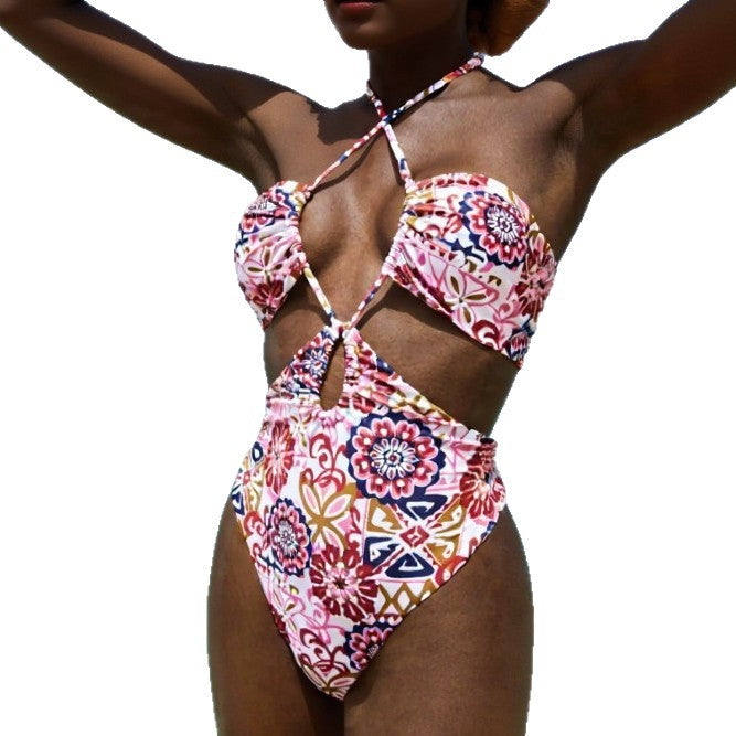 Women's Sexy Halter Hollow Printed High-Waisted Slimming One-Piece Swimsuit, Vacation-Style Bikini Swimwear