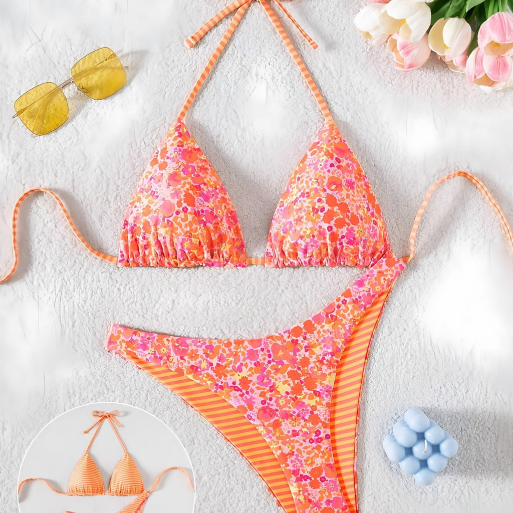 New Arrival Sexy Printed Reversible Women's Split Bikini Swimsuit Set