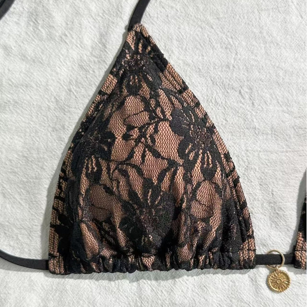 New arrival black sexy lace French printed tie-strap bikini