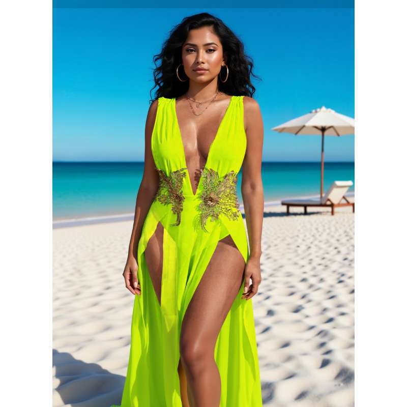 Women's one-piece swimsuit, hot-selling style, sexy deep V neck, high cut, mesh embroidery beach dress, vacation bikini