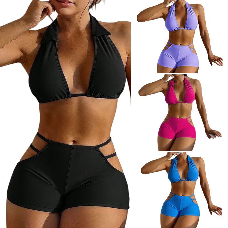 Women's split swimsuit, sexy solid-color bikini with an elegant, pure and alluring style, tight-fitting, bust-lifting and high-waisted swimwear