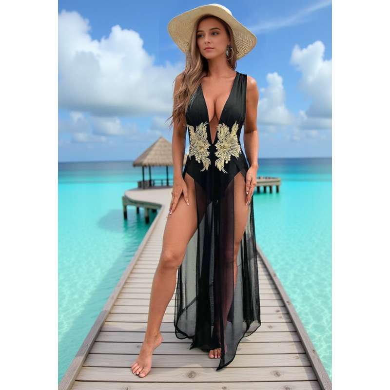 Women's one-piece swimsuit, hot-selling style, sexy deep V neck, high cut, mesh embroidery beach dress, vacation bikini