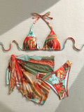Women's Red Floral Print Swimsuit, Three-Piece Sexy Tight Quick-Drying Bikini for Hot Spring and Vacation