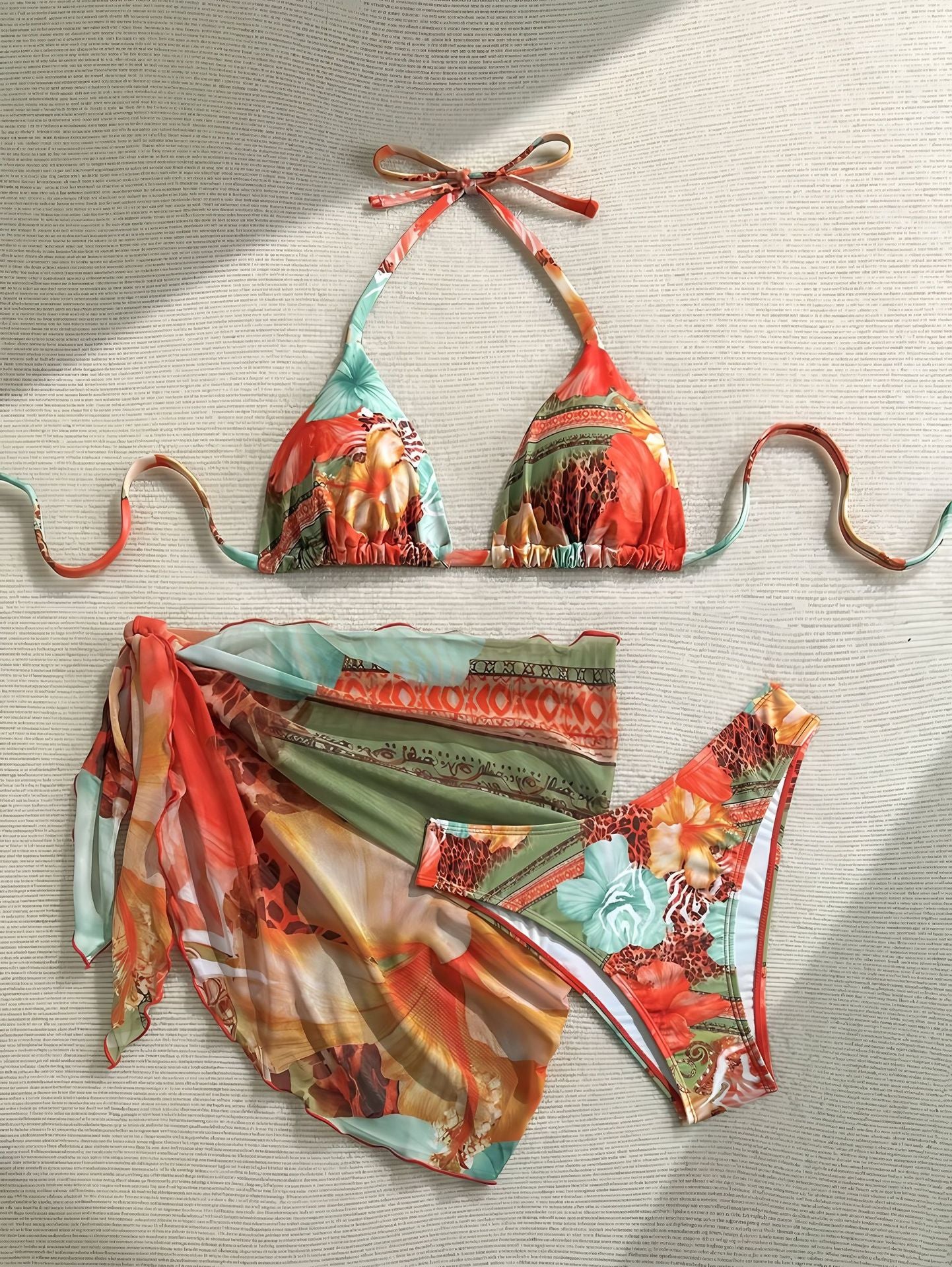 Women's Red Floral Print Swimsuit, Three-Piece Sexy Tight Quick-Drying Bikini for Hot Spring and Vacation