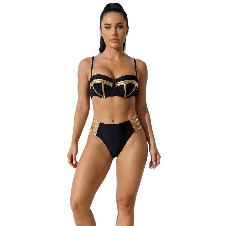 Women's split swimsuit, sexy bikini with gold foil decoration, push-up design, charming style for trendy girls