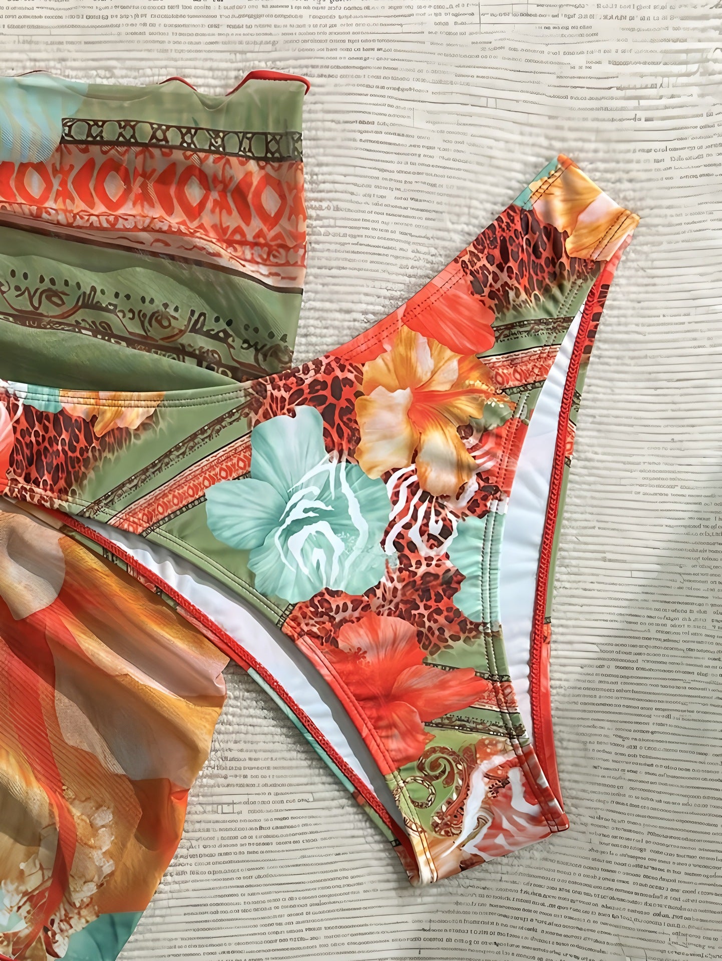 Women's Red Floral Print Swimsuit, Three-Piece Sexy Tight Quick-Drying Bikini for Hot Spring and Vacation