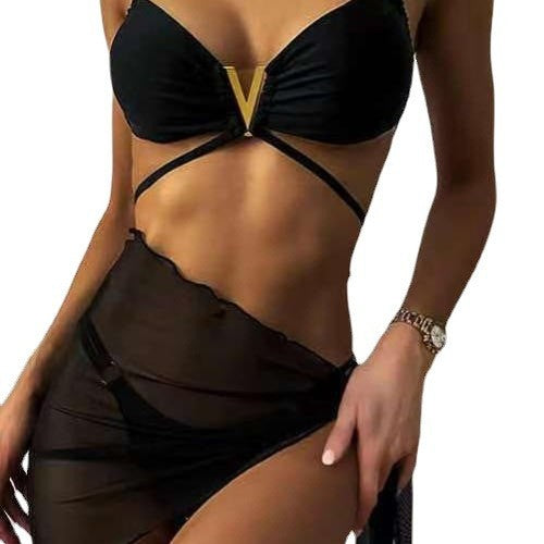 Black Bikini, Sexy Backless Design, In Stock, One Size, Three-Piece Solid Color Split Swimsuit