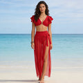 Three-piece swimsuit set with popular sexy sheer mesh slit long beach dress