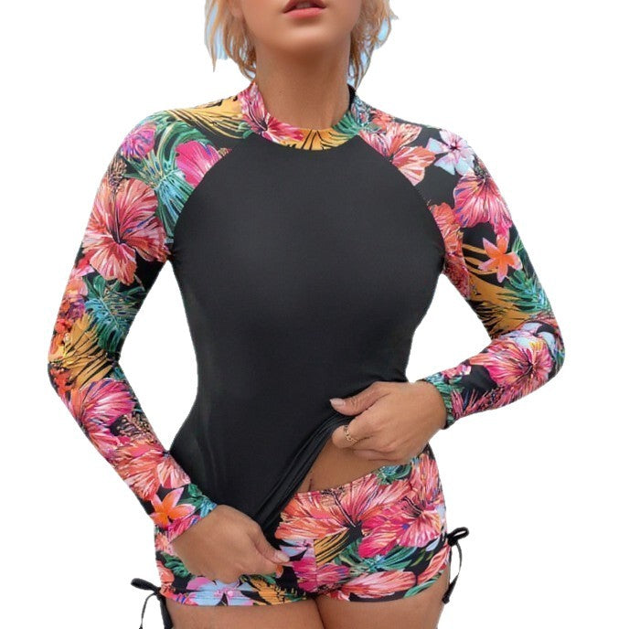 Women's Long-Sleeve Printed Split Swimsuit, Sexy Sportswear for Diving, Surfing and Competitive Swimming