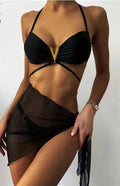 Black Bikini, Sexy Backless Design, In Stock, One Size, Three-Piece Solid Color Split Swimsuit