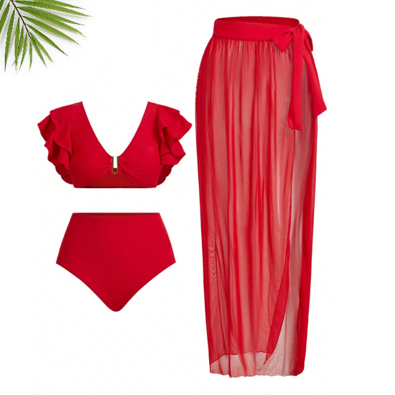 Three-piece swimsuit set with popular sexy sheer mesh slit long beach dress