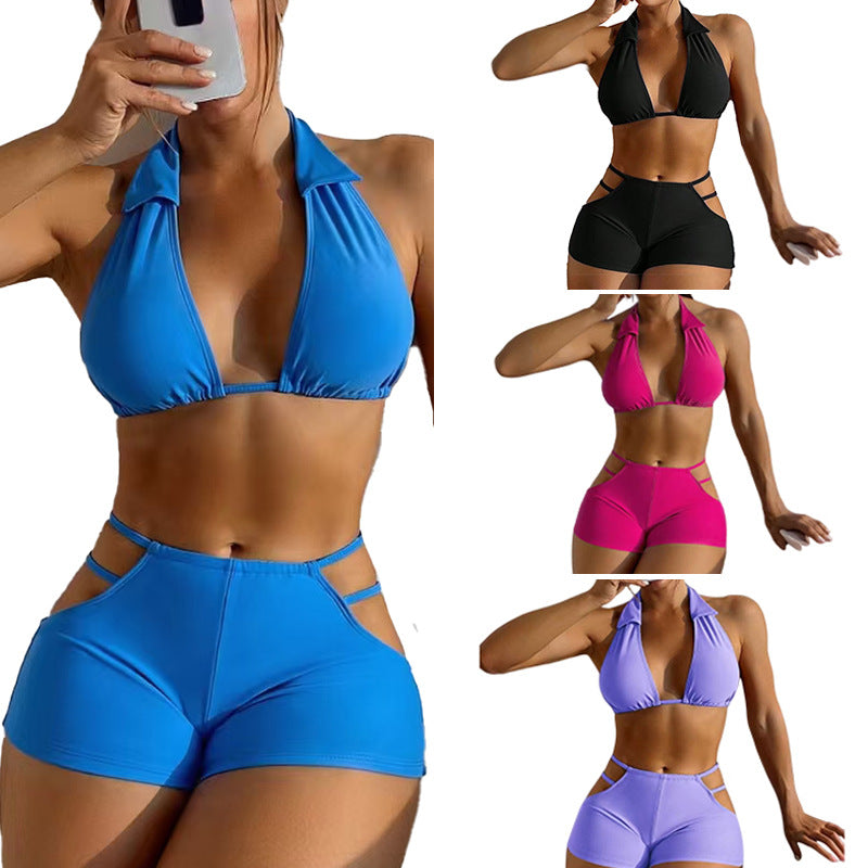 Women's split swimsuit, sexy bikini, solid color, high-end texture, pure desire style swimwear