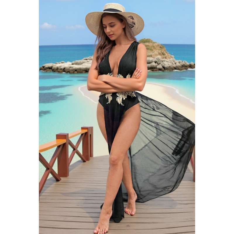 New Arrival Hot Style Sexy Beach Dress, Mesh Embroidered Deep V-Neck High-Split Dress for Seaside Vacation