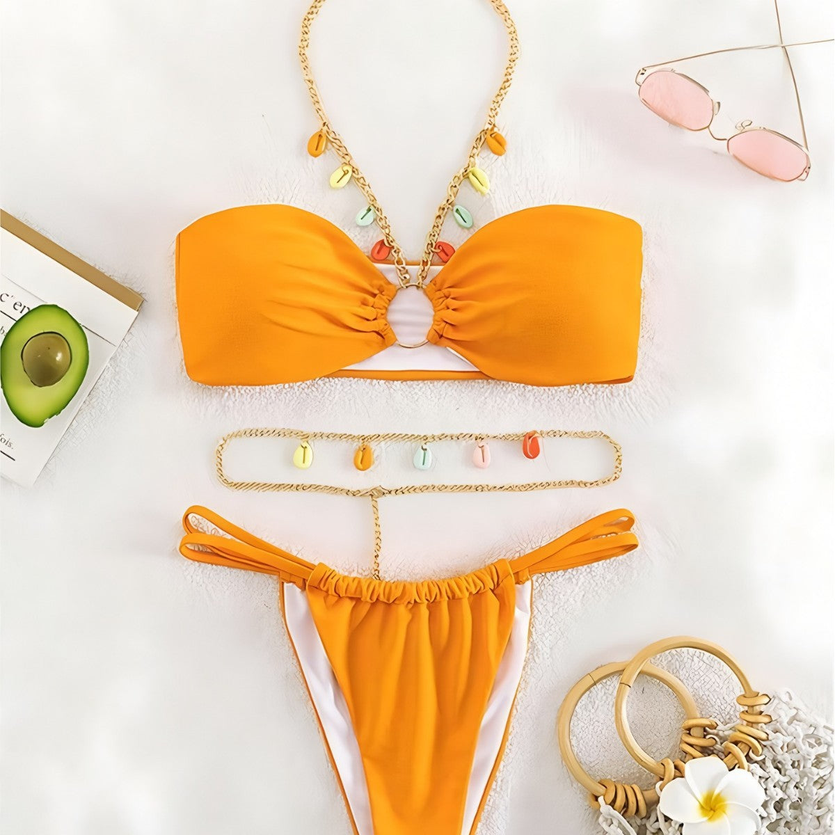 New Arrival Sexy Bandeau Bikini for Women, Solid Color Swimwear with Metal Neck Strap