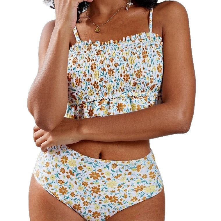 Women's Fresh Floral Print Two-Piece Swimsuit with Elastic Ruffled Bikini