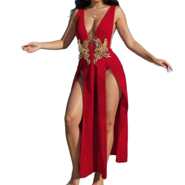 Women's one-piece swimsuit, hot-selling style, sexy deep V neck, high cut, mesh embroidery beach dress, vacation bikini