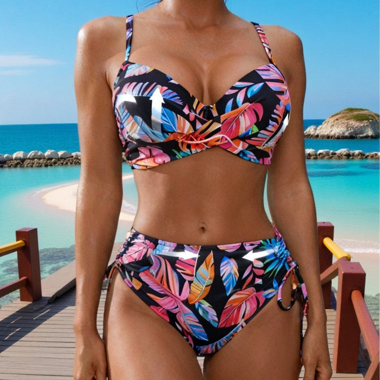Women's plus-size split swimsuit, deep V sexy bikini, high-waisted printed swimwear
