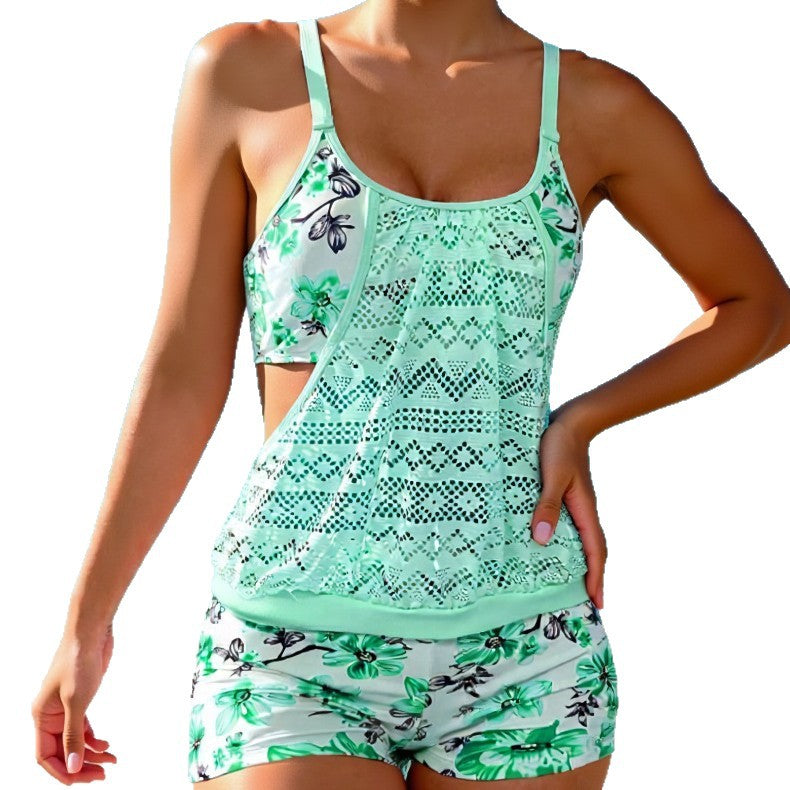 Women's modest two-piece tankini swimsuit with lace hollow-out splicing and floral print, tummy control