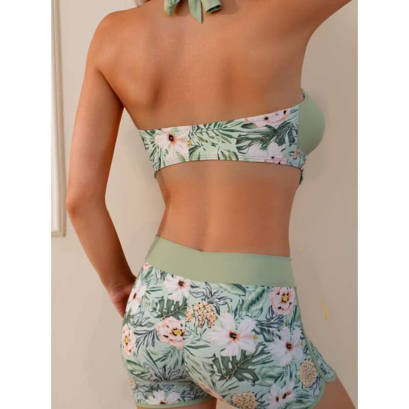 Women's Halter High-Waisted Split Swimsuit, Floral Print Mint Green Bikini for Beach Vacations