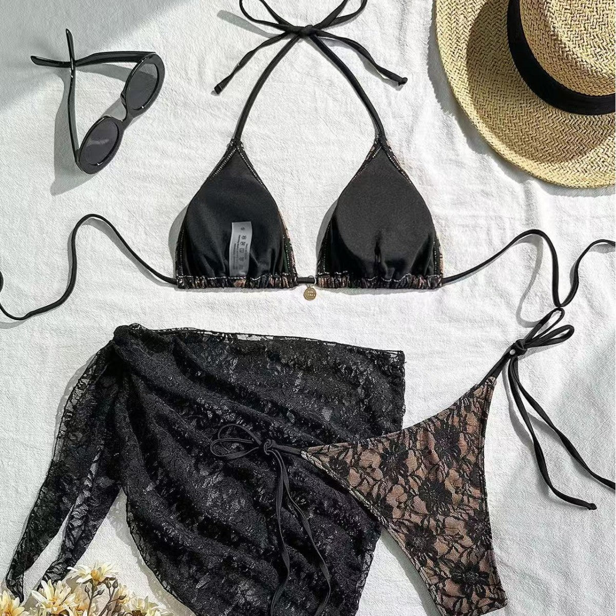 New arrival black sexy lace French printed tie-strap bikini