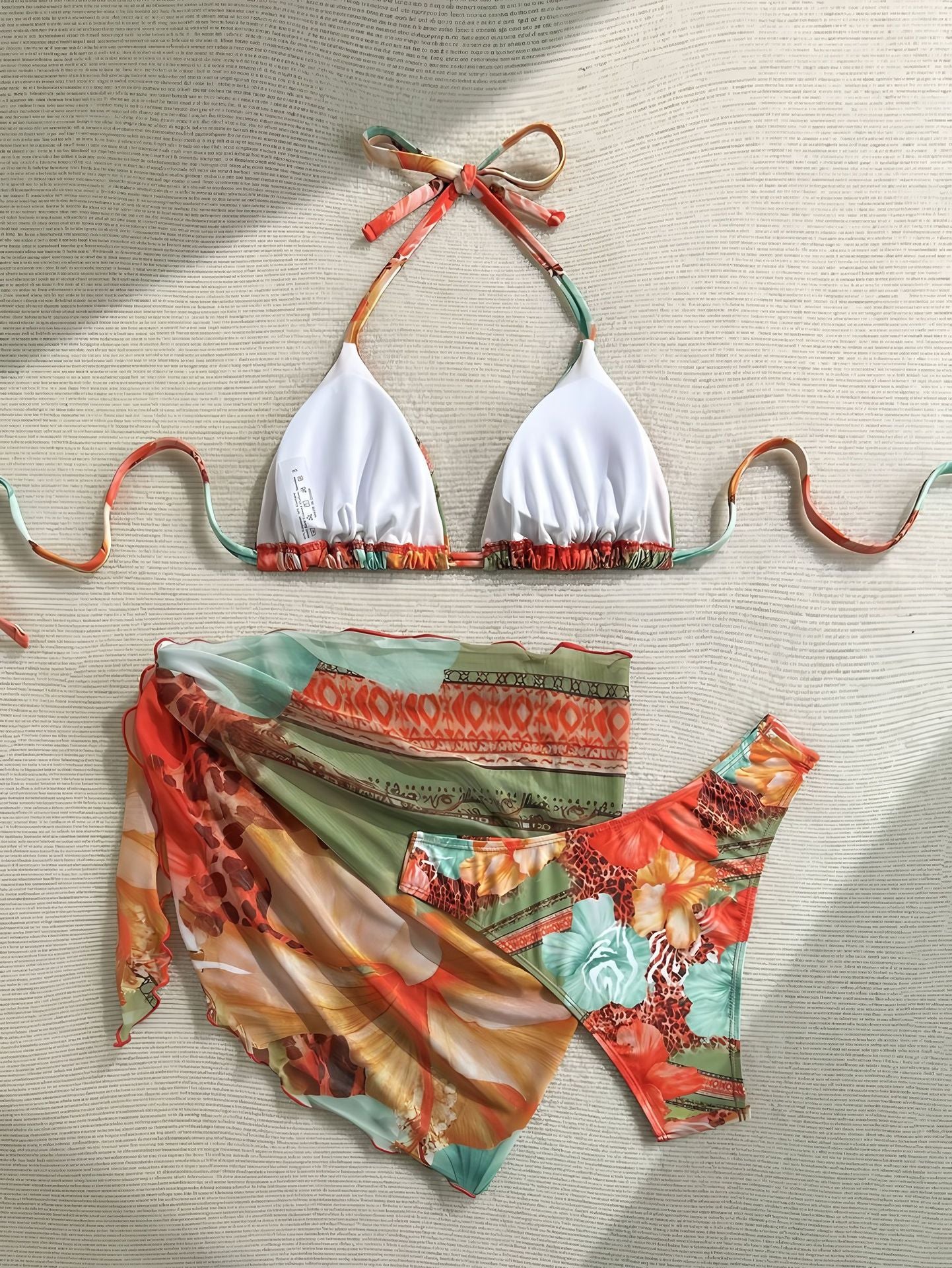 Women's Red Floral Print Swimsuit, Three-Piece Sexy Tight Quick-Drying Bikini for Hot Spring and Vacation